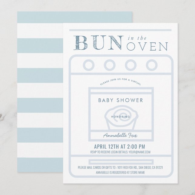 Bun i Oven Boy Blue Virtuell Baby Shower Inbjudningar (Fram/baksida)