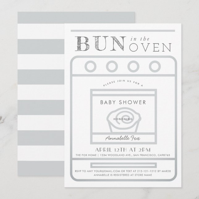 Bun i Oven Grått Baby Shower Inbjudningar (Fram/baksida)