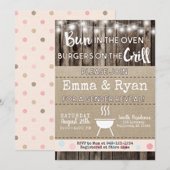 Bun in i Oven BBQ Burlap Wood Gender Reveal Inbjudningar (Fram/baksida)