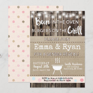 Bun in i Oven BBQ Burlap Wood Gender Reveal Inbjudningar