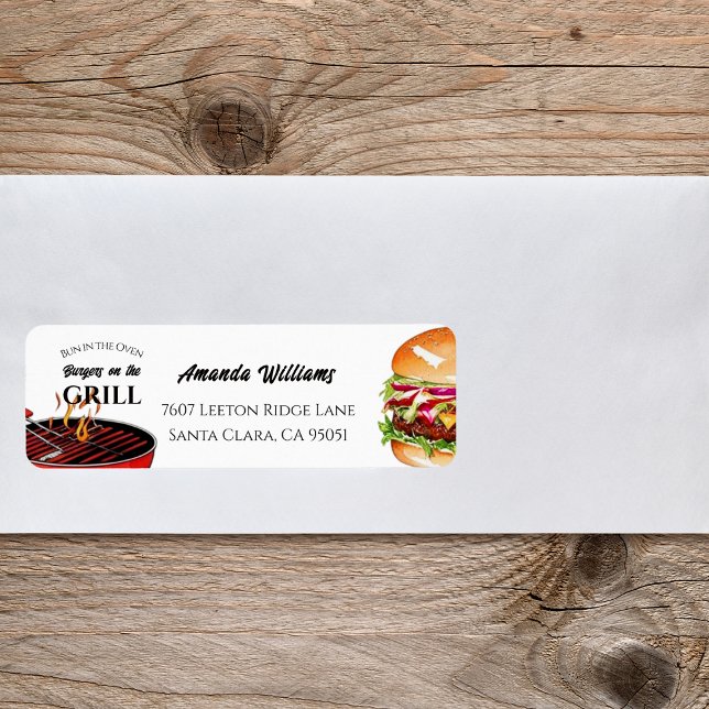 Bun in Oven BBQ Burger Grill Baby Shower Adress Returadress Etikett (Skapare uppladdad)
