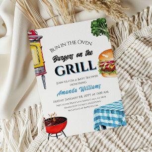 Bun in Oven Burger on Grill Boy BBQ Baby Shower Inbjudningar