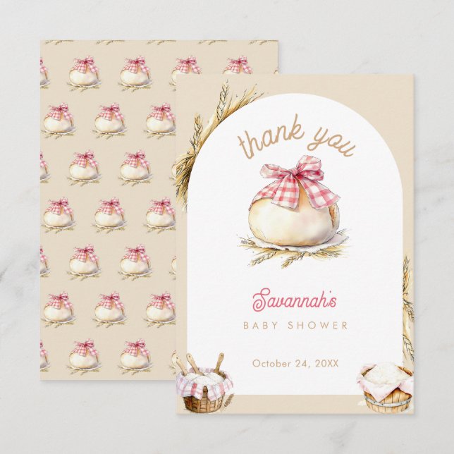 Bun In The Oven Pink Gingham Bow Baby Shower Tack Kort (Fram/baksida)