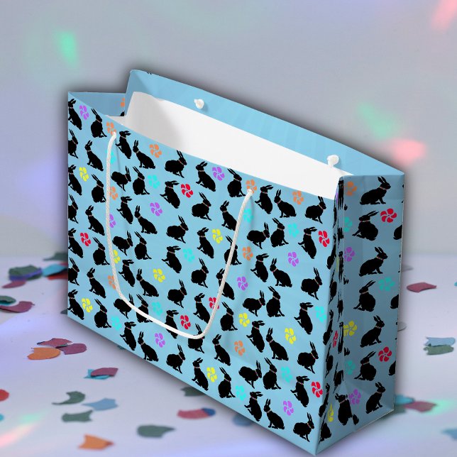 Bunch Black Silhouette Rabbits Flowers Blue (black sitting rabbits colourful flowers on blue gift bag for Easter for spring time.)