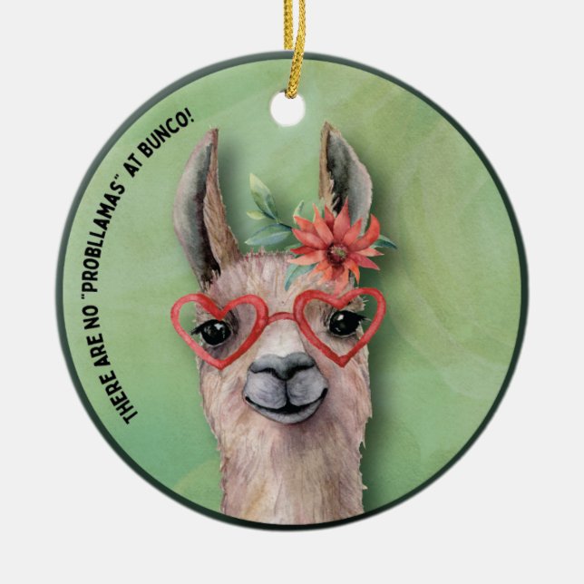 Bunco Funny jul Llama Julgransprydnad Keramik (Framsidan)