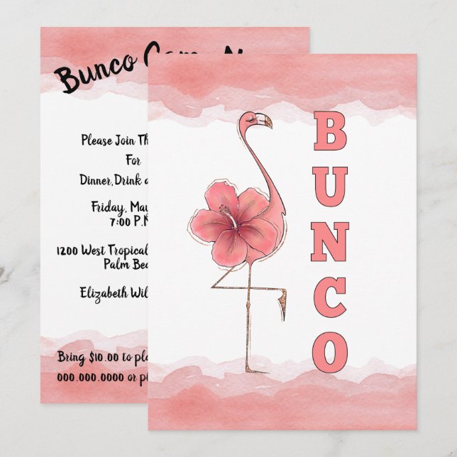 Bunco Game Girls Night Out Tropical Rosa Flamingo Inbjudningar (Fram/baksida)