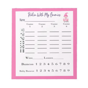 Bunco Score Lakan Pad Cute Gnome Rosa Anteckningsblock
