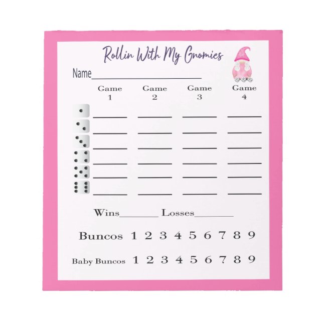 Bunco Score Lakan Pad Cute Gnome Rosa Anteckningsblock (Framsida)