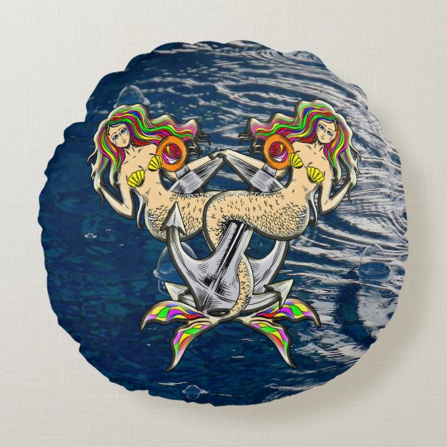 Bundna Sjöjungfruar - Nautisk design för Oceanen Ä Rund Kudde (Framsidan)