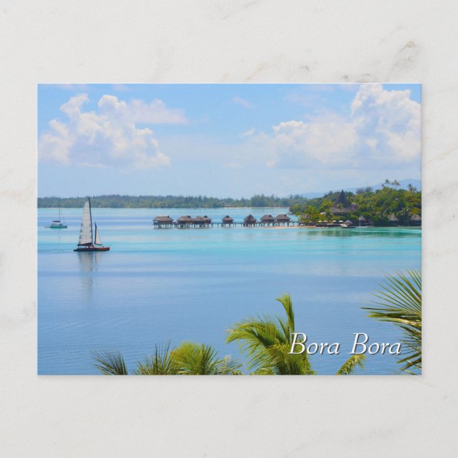 Bungalower och båt i Bora Bora Vykort (Framsida)