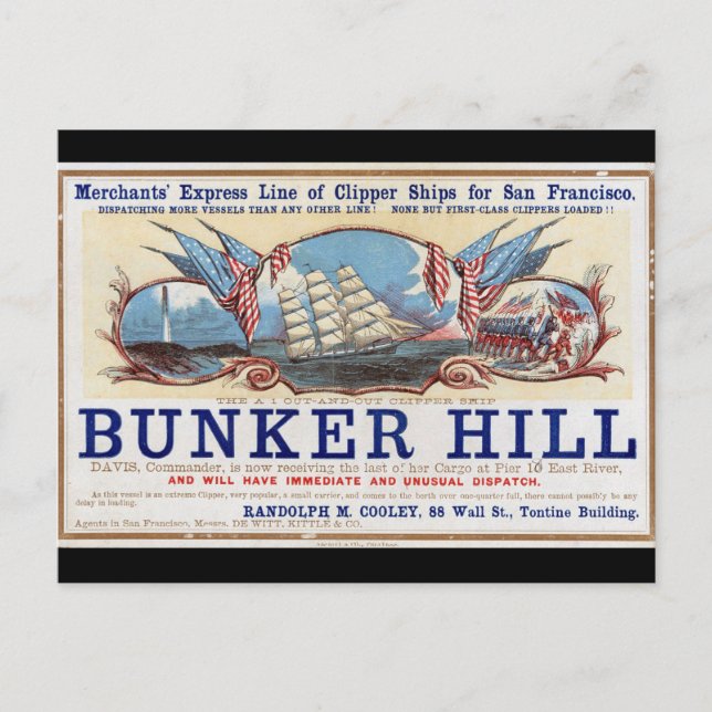 Bunker Hill Clipper seglar 1853 Vykort (Framsida)