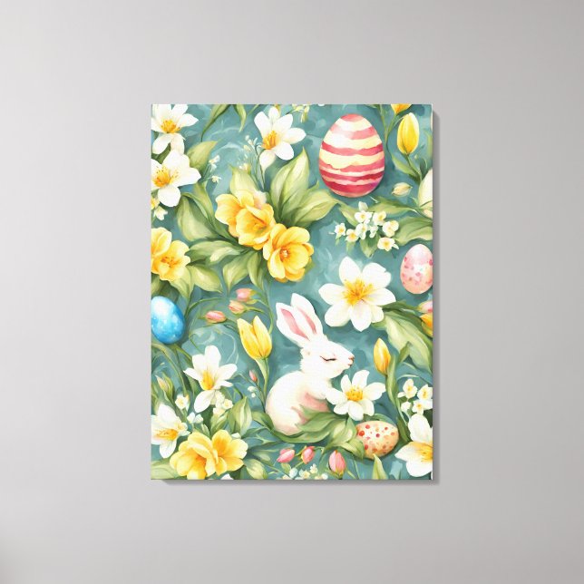 Bunnier, Vår blommor och Påskägg. Färgning Canvastryck (Framsida)