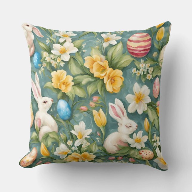 Bunnier, Vår blommor och Påskägg. Färgning Kudde (Framsida)