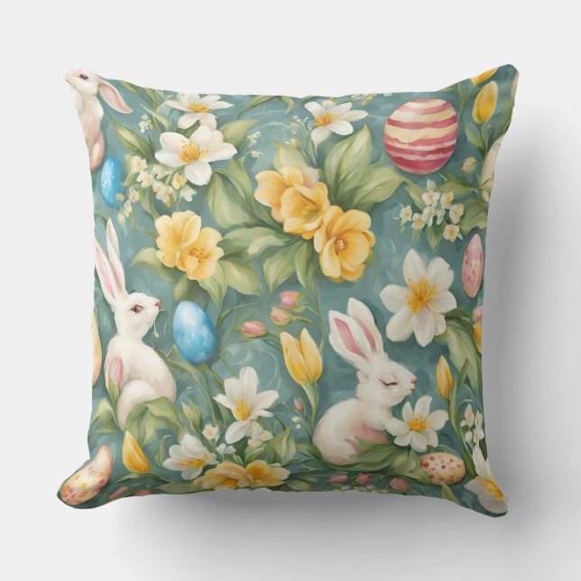 Bunnier, Vår blommor och Påskägg. Färgning Kudde (Framsida)