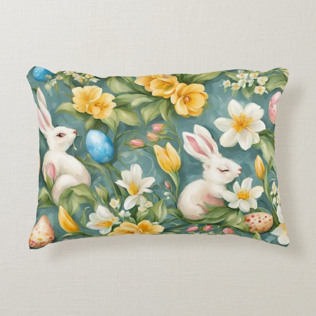 Bunnier, Vår blommor och Påskägg. Färgning Prydnadskudde (Framsidan)