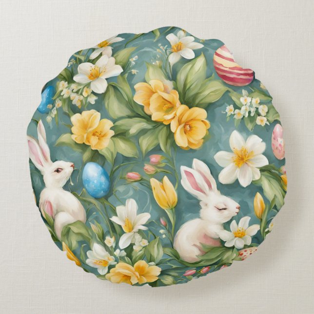 Bunnier, Vår blommor och Påskägg. Färgning Rund Kudde (Baksidan)