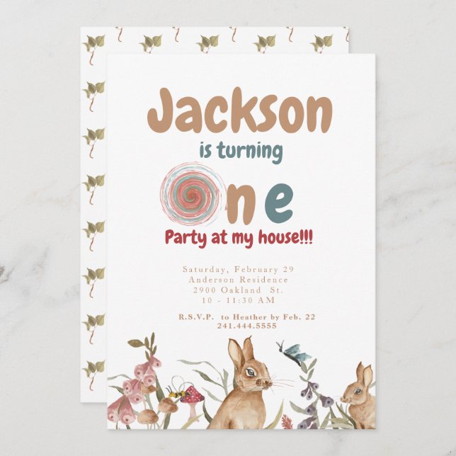 Bunnies Baby 1:a födelsedagen Party II Inbjudningar (Fram/baksida)