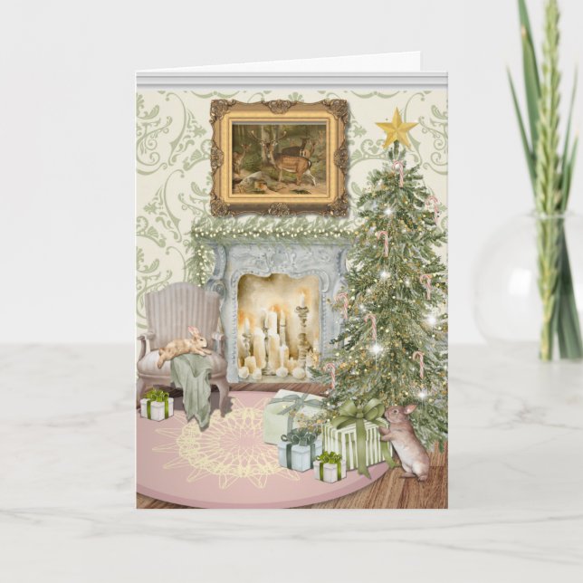 Bunnies Celebrating Christmas Folded Greeting Card Kort (Framsida)