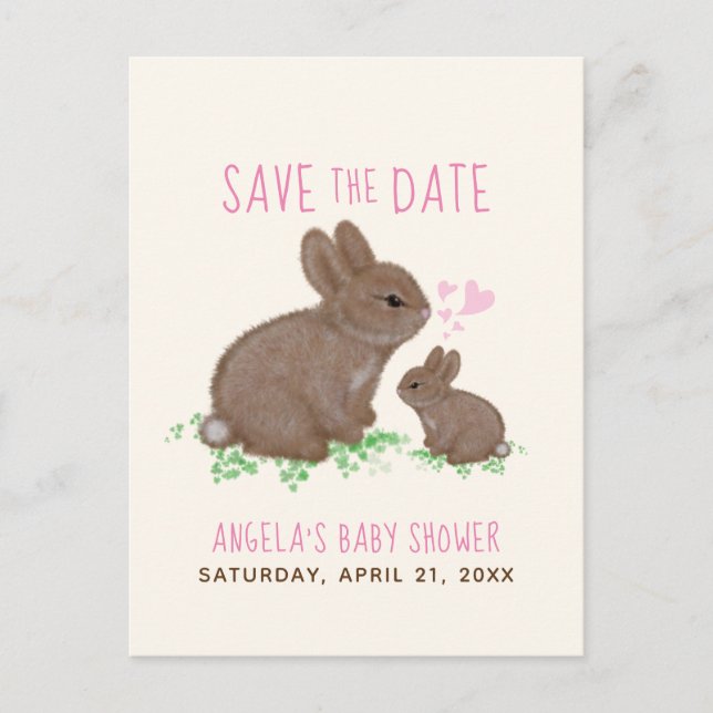 Bunnies Hearts Girl Baby Shower Save Date Meddelande Vykort (Framsida)