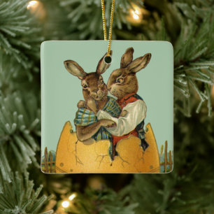 Bunnies in a Guld Egg, Vintage Victorian Påsk Julgransprydnad Keramik