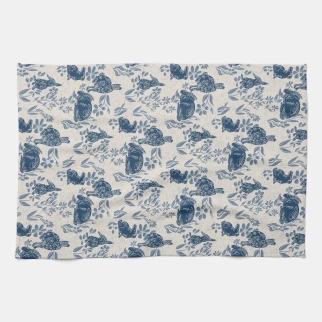 Bunnies in my Flowers - Toile de Jouy Towel Kökshandduk (Horisontell)