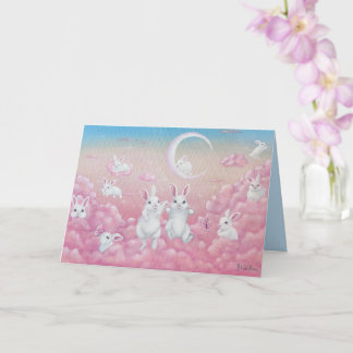 Bunnies in Pink Clouds Whimsical Art Kort