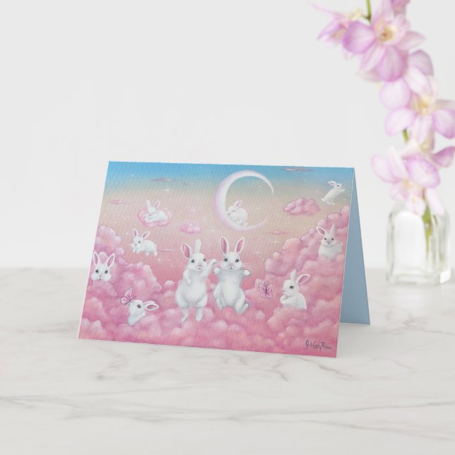 Bunnies in Pink Clouds Whimsical Art Kort (Orkide)