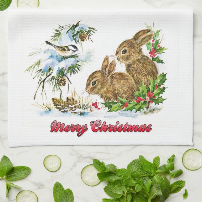 Bunnies och Bird Enjoy Snö God jul Kökshandduk (Vikta)