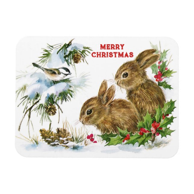 Bunnies och Bird Enjoy Snö God jul Magnet (Horisontell)