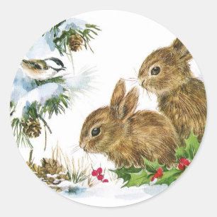Bunnies och Bird Enjoy Snö Runt Klistermärke