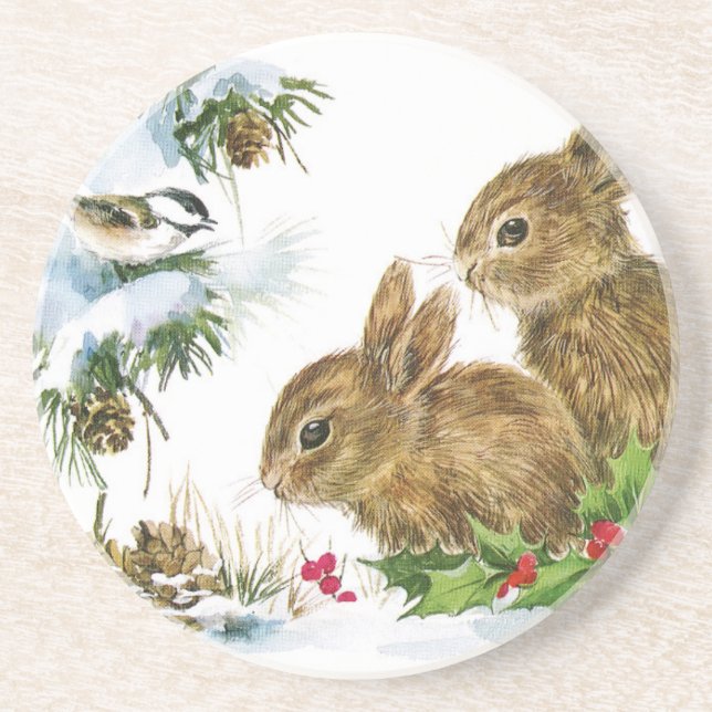 Bunnies och Bird Enjoy Snö Underlägg (Framsidan)