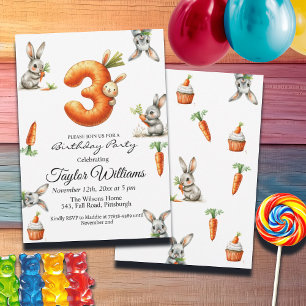 Bunnies och morötter 3:e födelsedagen Party Inbjudningar