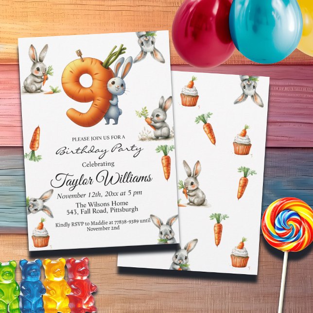Bunnies och morötter 9:e Födelsedagsfesten Inbjudningar (Skapare uppladdad)