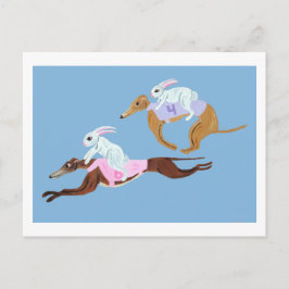 Bunnies riding Greyhounds Vykort