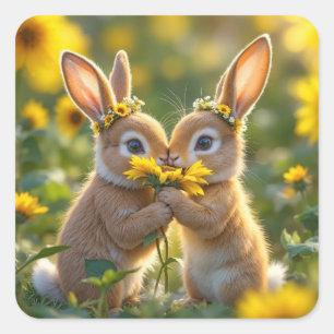 Bunnies Smelling a Gult Solros Fyrkantigt Klistermärke
