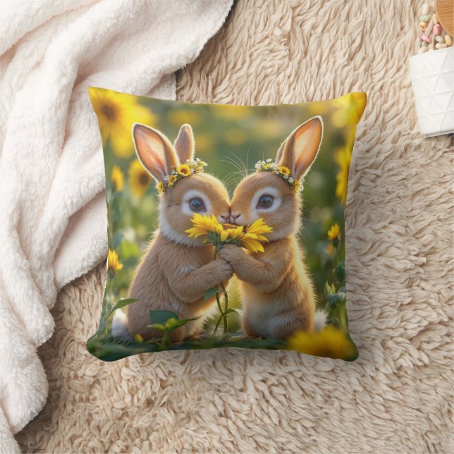 Bunnies Smelling a Gult Solros Kudde (Filt)