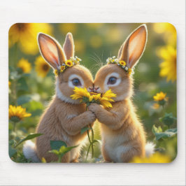 Bunnies Smelling a Gult Solros Musmatta