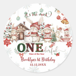 Bunnies Winter ONEderland Jul 1:a födelsedag Runt Klistermärke
