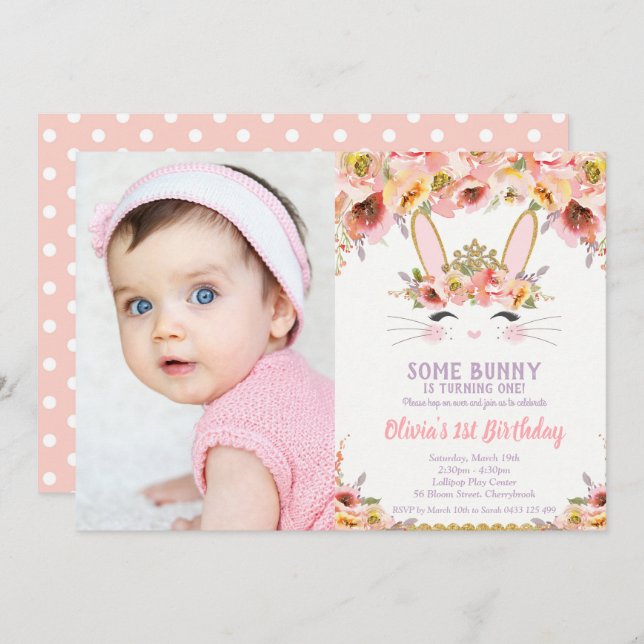 Bunny 1:a Blommigten för födelsedagsflickor Inbjudningar (Fram/baksida)