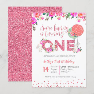 Bunny 1:a födelsedagarinbjudan Blommigt Rosa glitt Inbjudningar