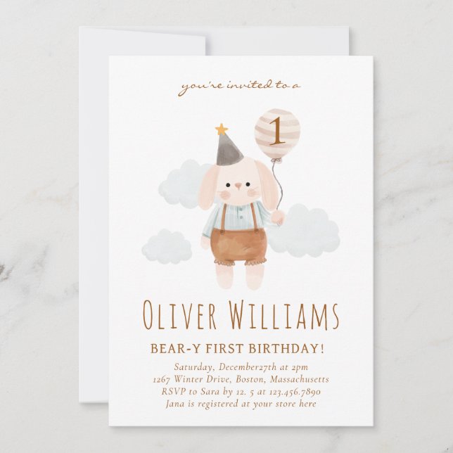 bunny 1st birthday blue balloon inbjudningar (Framsida)