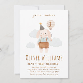 bunny 1st birthday blue balloon inbjudningar