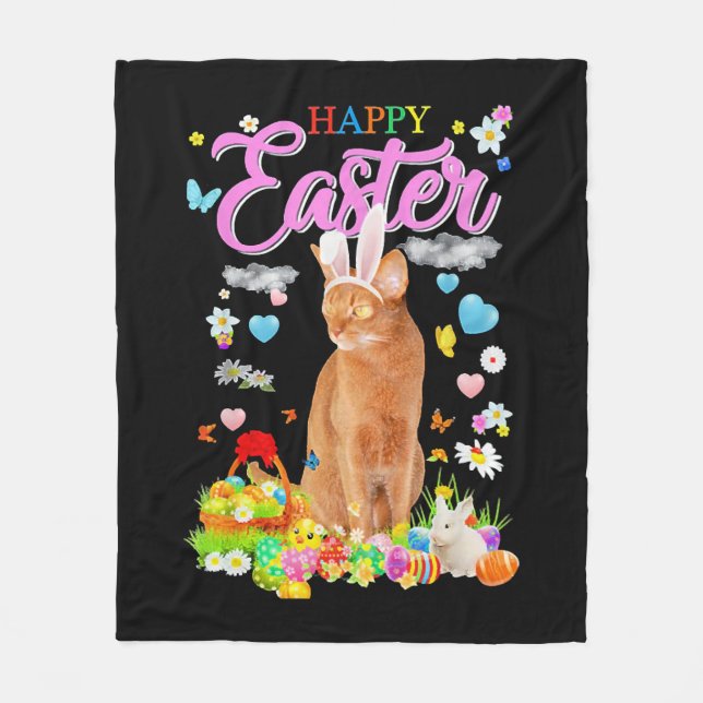 Bunny Abyssinian Cat Glad påsk Fleecefilt (Framsidan)
