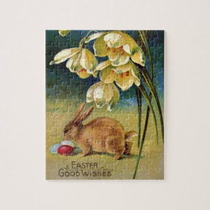 Bunny, Ägg och Snödroppar, vintage 1910 Pussel