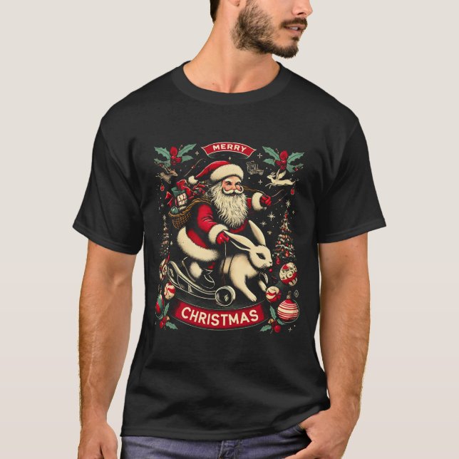 Bunny Älskare Julafton Ugly Santa Riding Bunny jul T Shirt (Framsida)