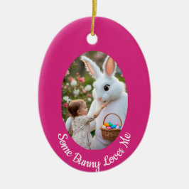 Bunny and Child photo pink blue Oval Frame Easter Julgransprydnad Keramik