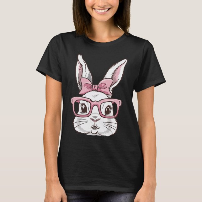 Bunny Ansikte med Rosa Sungles Bow Tie Påsk Dag Gi T Shirt (Framsida)