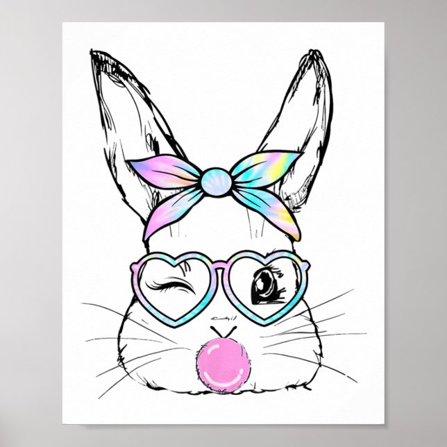 Bunny Ansikte Wink Ögon Bandana Heart Gles Bubbleg Poster (Framsidan)