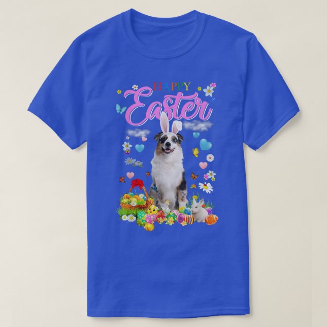 Bunny Australian shepherd Hund Glad påsk Eggs T Shirt (Design framsida)