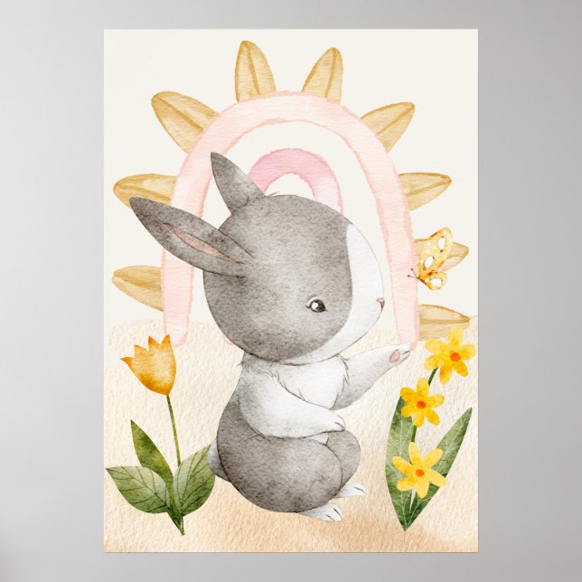 Bunny, Baby djur, Boho, Gula blommor, Rainbow Poster (Framsidan)